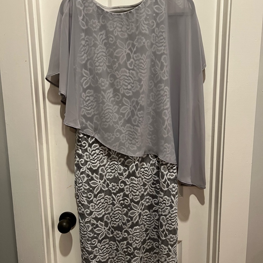 Ronni Nicole Evenings Elegant Gray Lace Dress with Sheer Overlay